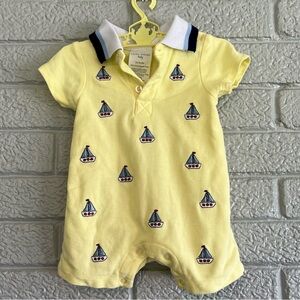 Laura Ashley Light Yellow Baby Boy 6M Romper with Sailboat Embroidery Nautical